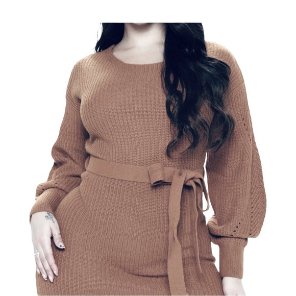 Drop Shoulder Bishop Sleeve Sweater Dress Office Casual Fall Winter Light Brown - Picture 1 of 15